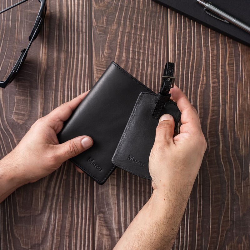 Mens Black Personalised Passport & Luggage Travel Set