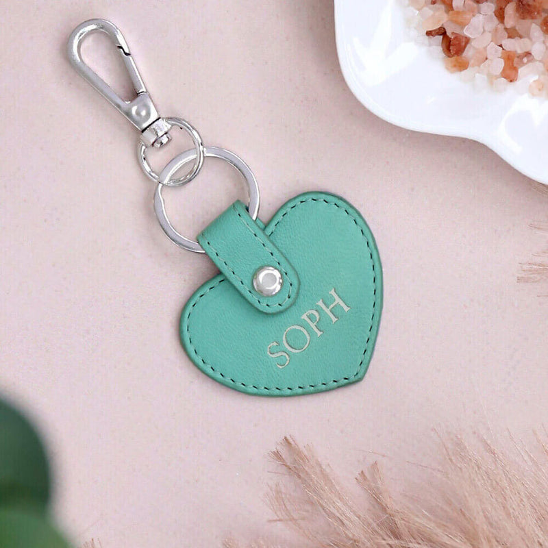 Personalised Tiffany Blue Leather Heart Keyring