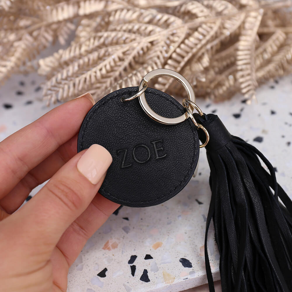 Personalised Women's Black Leather Tassel Keyring Gifts