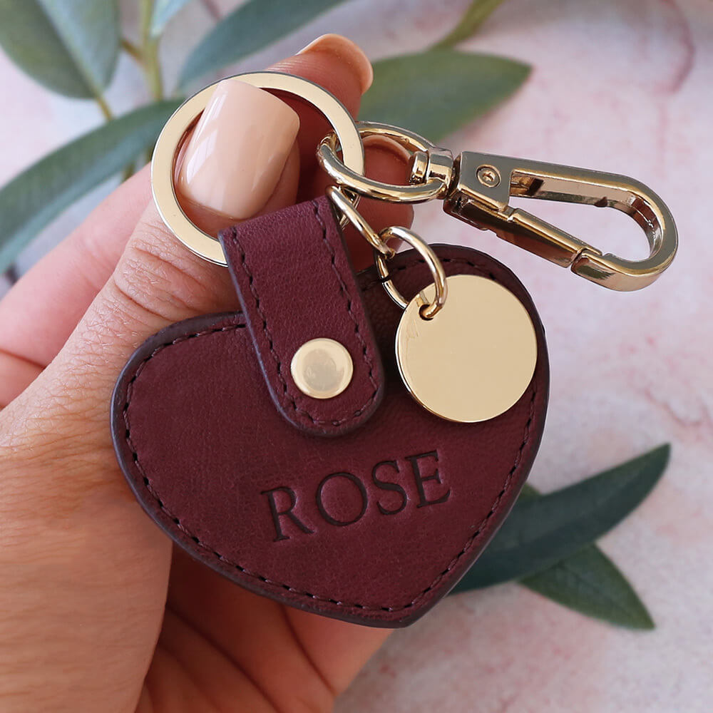 Personalised Burgundy Leather Heart Keyring Gifts Australia