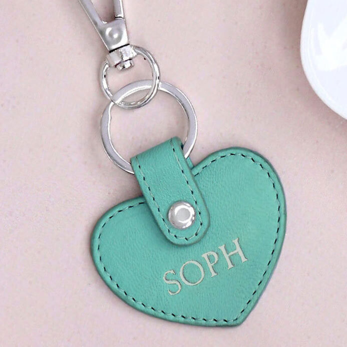 Personalised 'Tiffany Blue' Leather Heart Keyring | gifts for teenage girls
