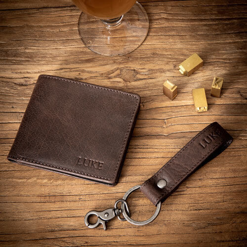 Personalised Brown Leather Wallet & Keyring Set