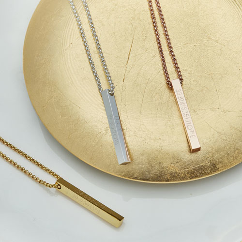 Personalised Latitude & Longitude Bar Pendant Necklace In Gold