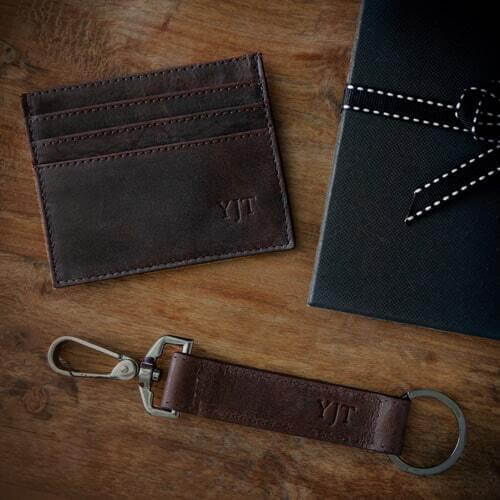 Personalised Brown Leather Card Holder & Keyring Set