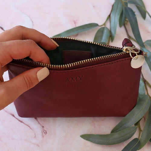 Personalised Burgundy Leather Cosmetic Pouch