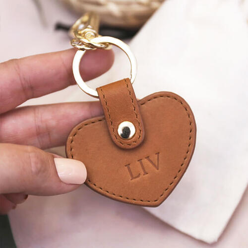 Personalised Tan Leather Heart Keyring