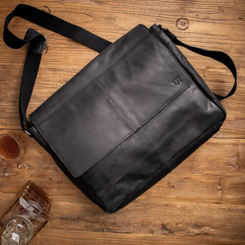 Black Leather 'East West' Messenger Bag with Monogram