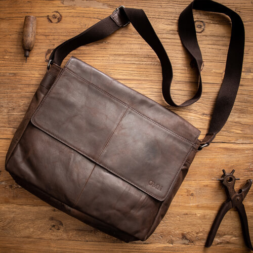Brown Leather 'East West' Messenger Bag with Monogram