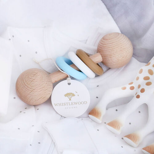 Natural Beechwood & Blue Silicone Baby Rattle