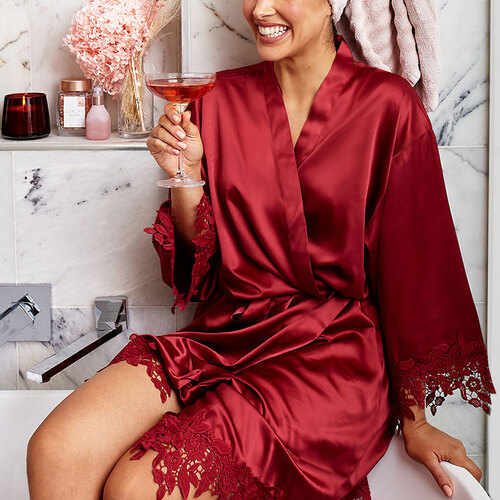 Solid Satin Night Robe Elegant Lace Trim Long Sleeve V Neck - Temu