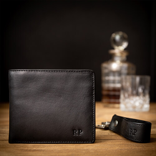 Personalised Black Leather Wallet and Keyring Set