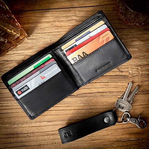 Personalised Black Leather Wallet & Keyring Set