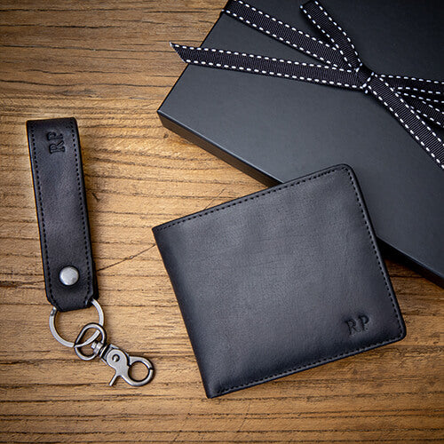 Personalised Black Leather Wallet & Keyring Set