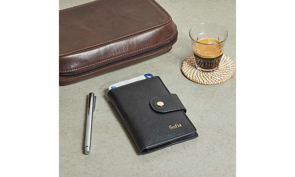 Black Saffiano Leather Personalised Travel Organiser