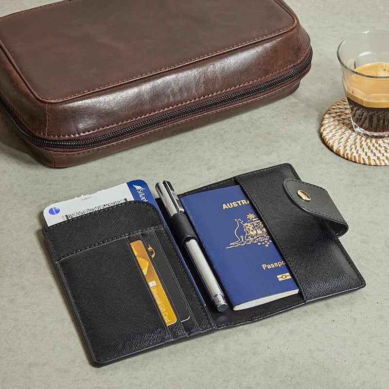 Black Saffiano Leather Personalised Travel Organiser