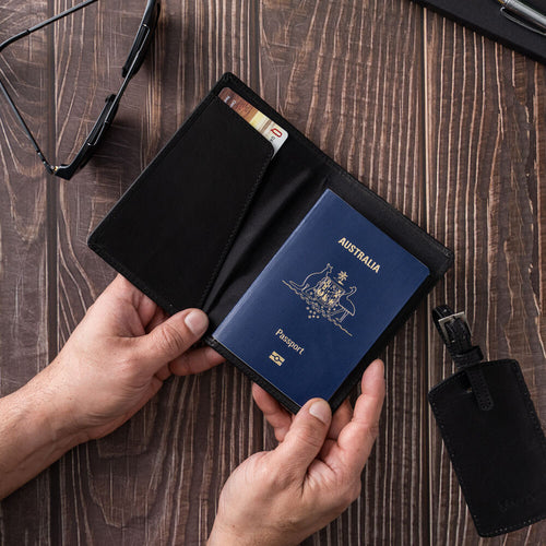 Mens Black Personalised Passport & Luggage Travel Set