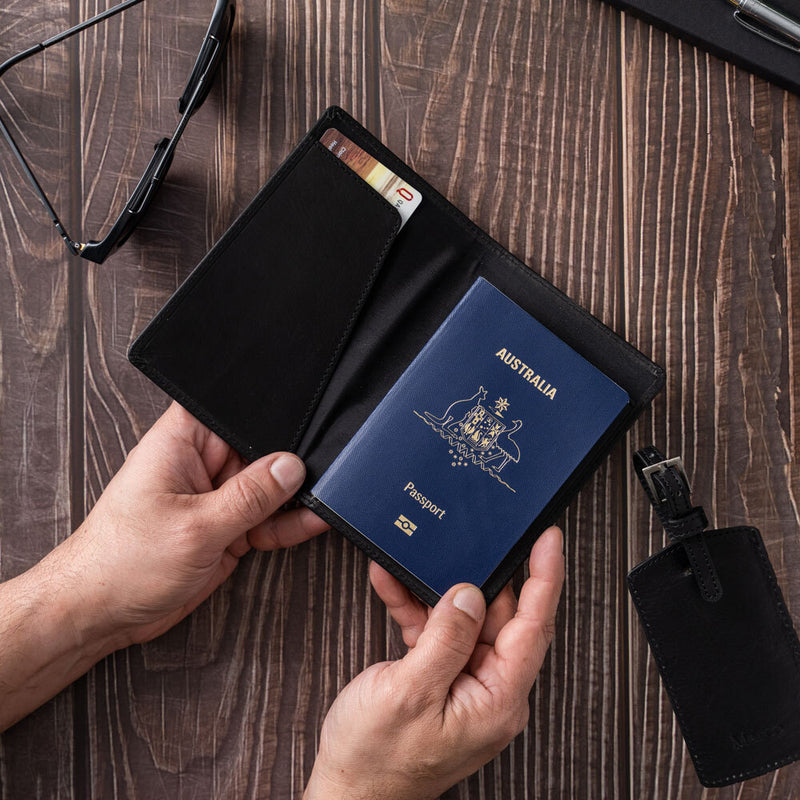 Mens Black Personalised Passport & Luggage Travel Set