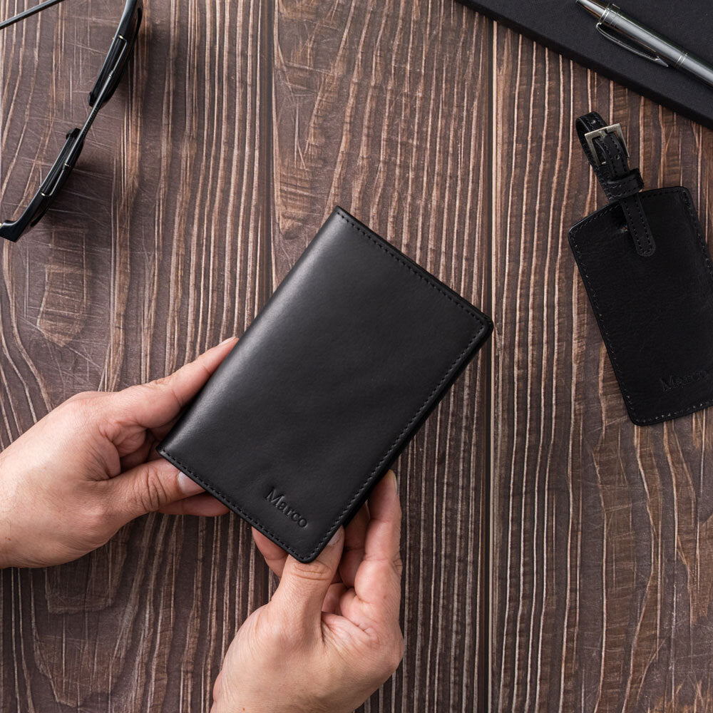 Mens Black Personalised Passport & Luggage Travel Set