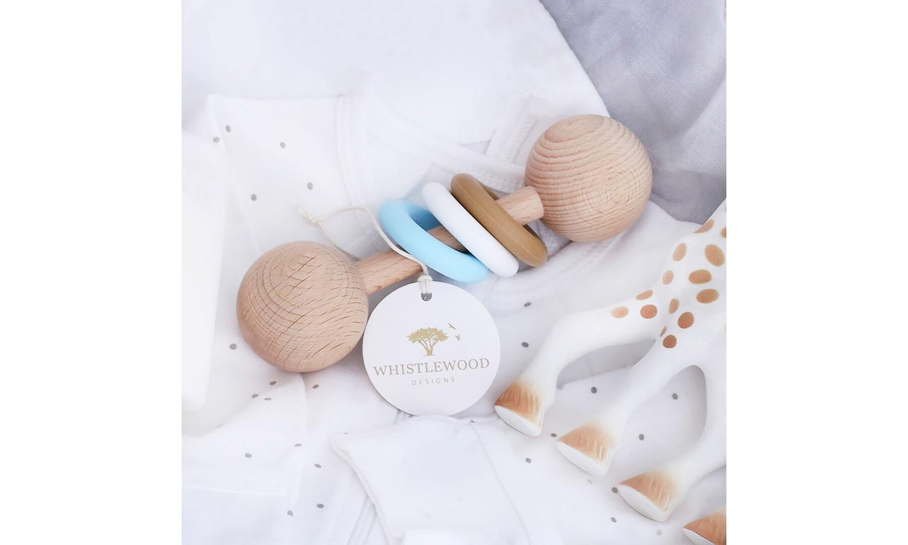 Natural Beechwood & Blue Silicone Baby Rattle