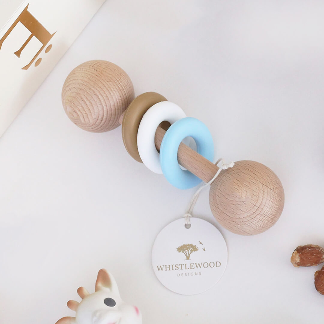 Natural Beechwood & Blue Silicone Baby Rattle