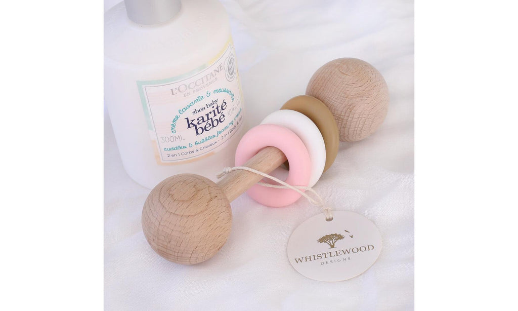 Natural Beechwood & Pink Silicone Baby Rattle