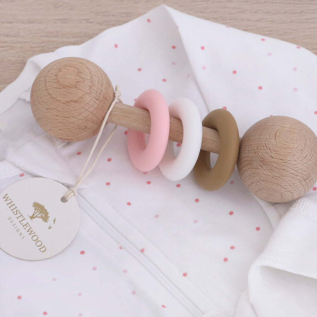 Natural Beechwood & Pink Silicone Baby Rattle