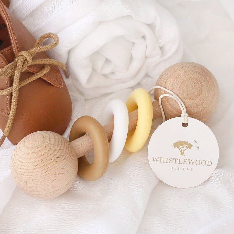 Natural Beechwood & Yellow Silicone Baby Rattle