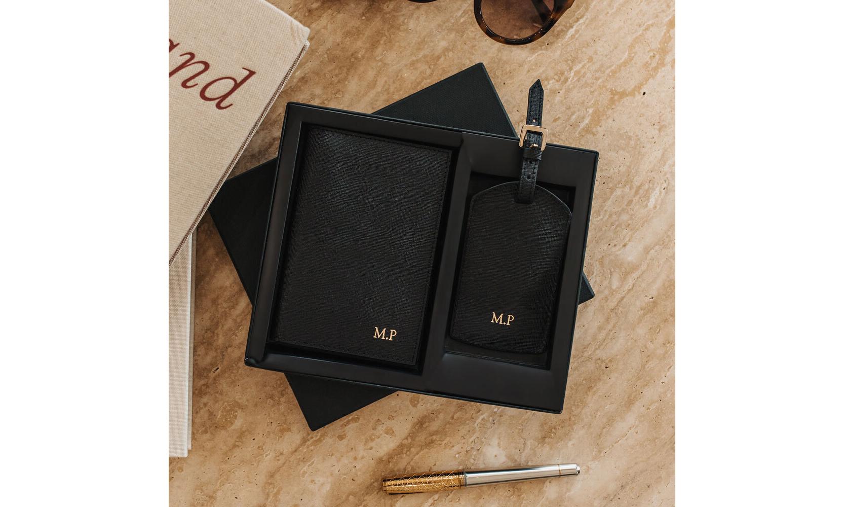 Personalised Black Saffiano Leather Travel Set