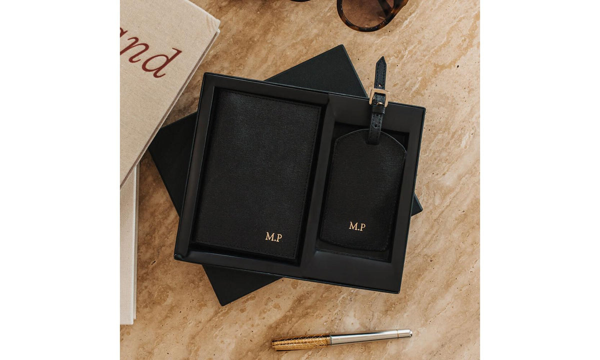 Personalised Black Saffiano Leather Travel Set