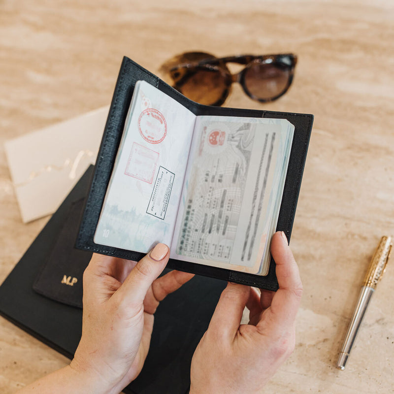 Personalised Black Saffiano Leather Travel Set