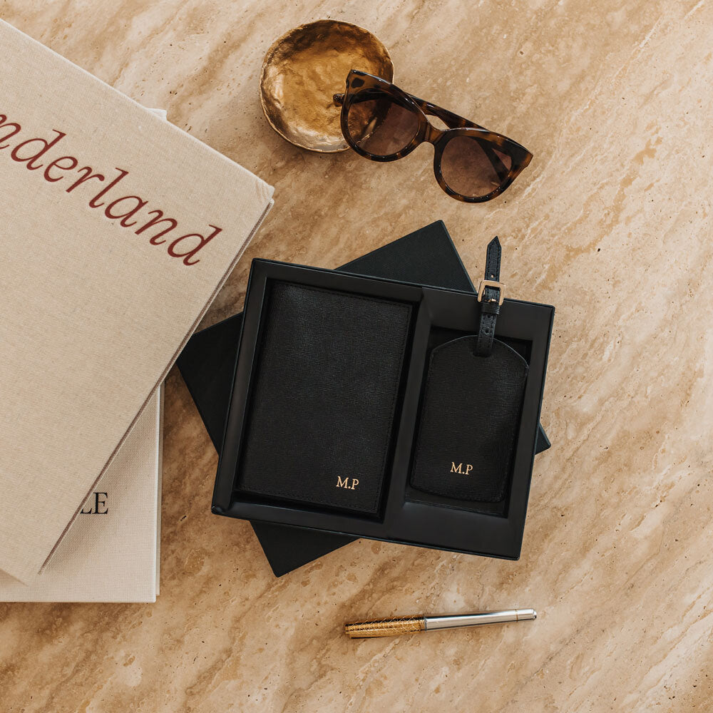 Personalised Black Saffiano Leather Travel Set