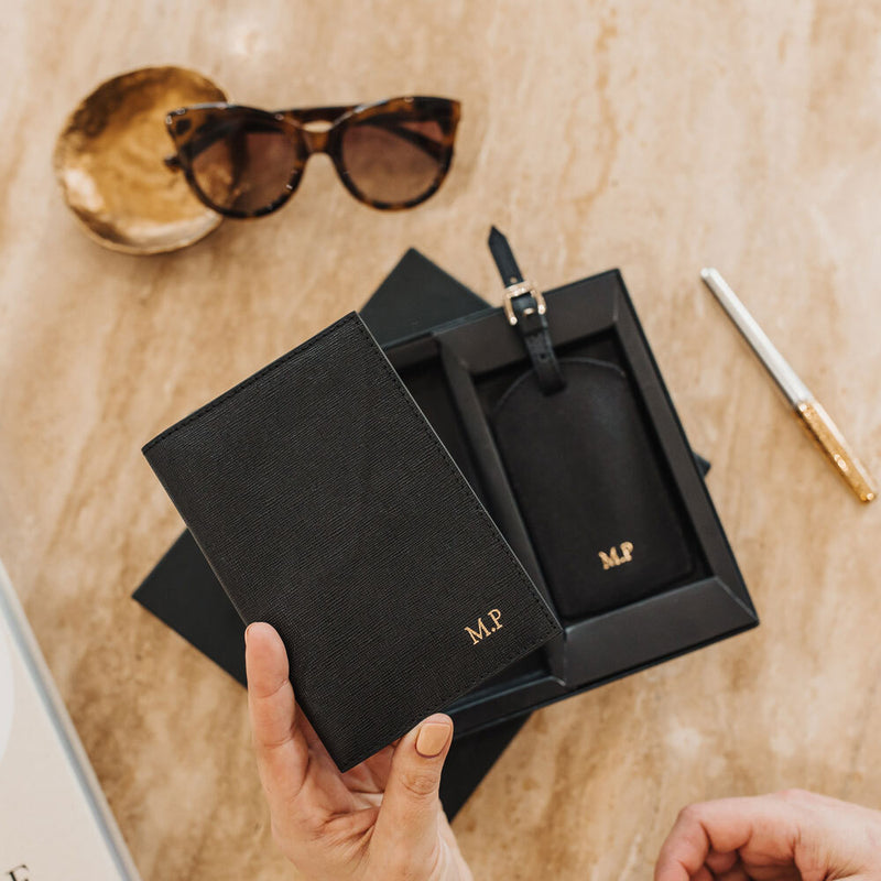 Personalised Black Saffiano Leather Travel Set