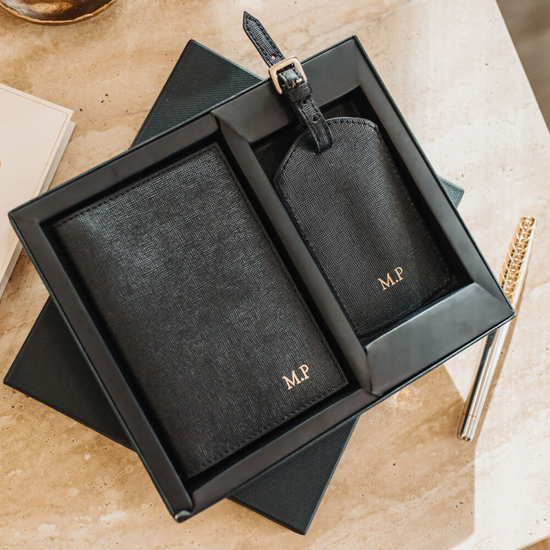 Personalised Black Saffiano Leather Travel Set