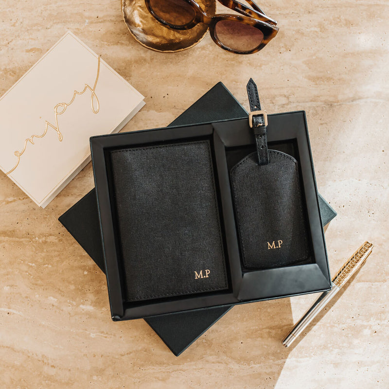 Personalised Black Saffiano Leather Travel Set