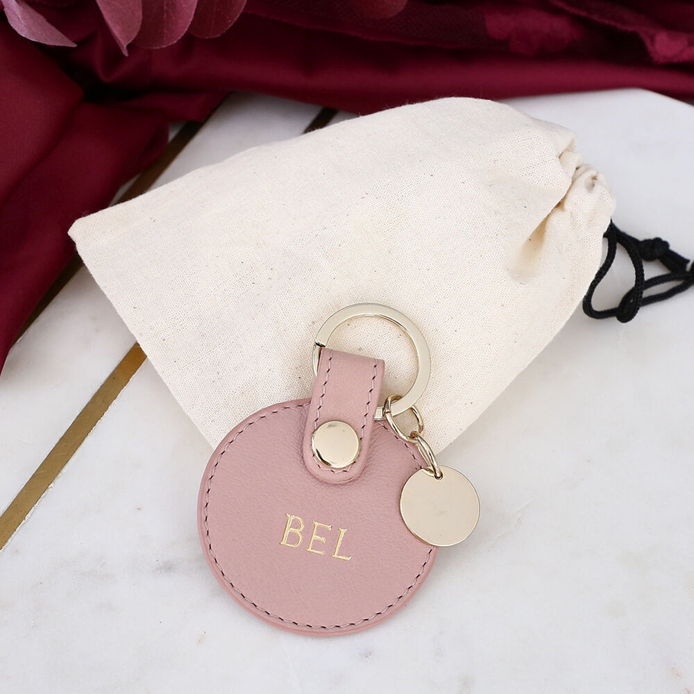 Personalised Blush Leather Circle Keyring