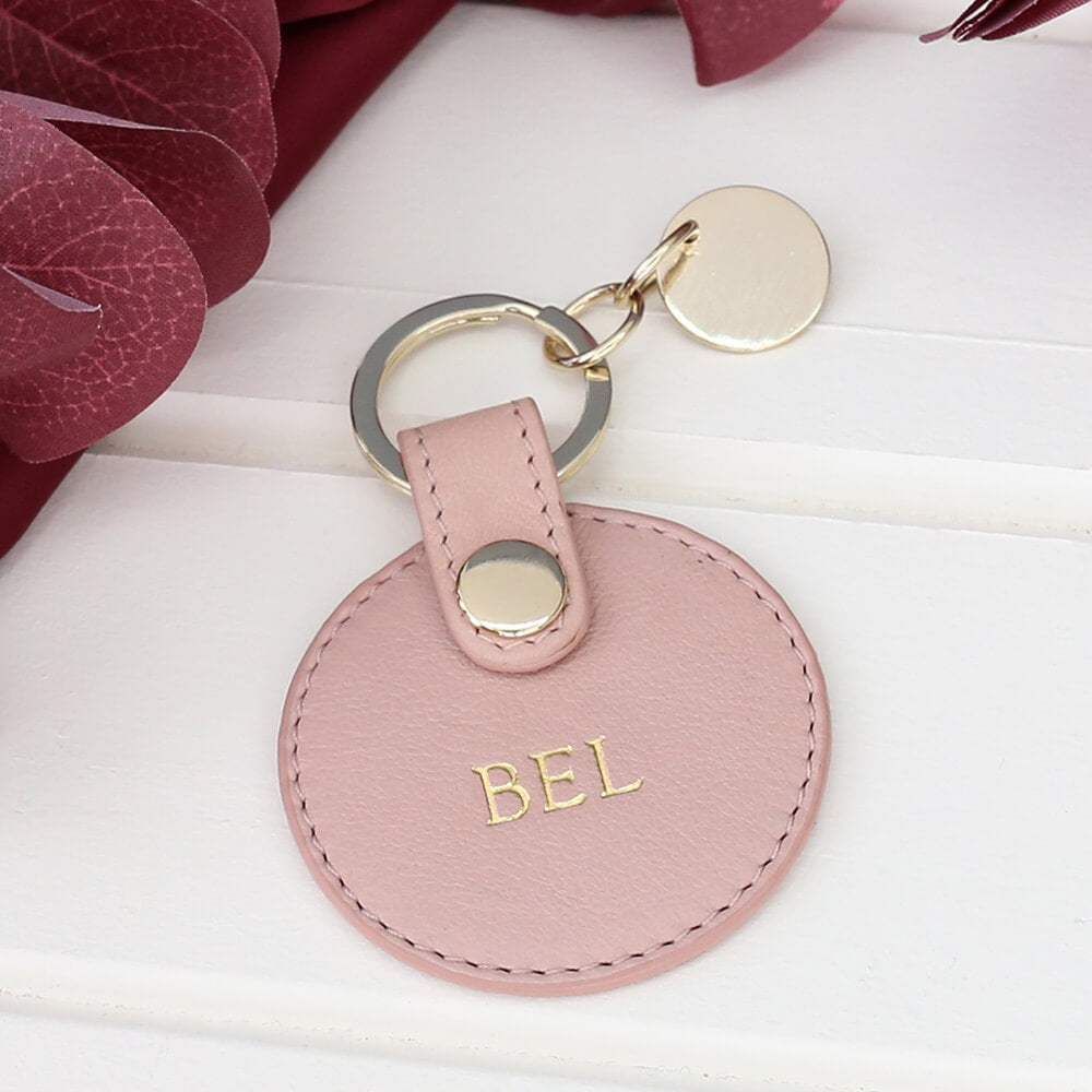 Personalised Blush Leather Circle Keyring