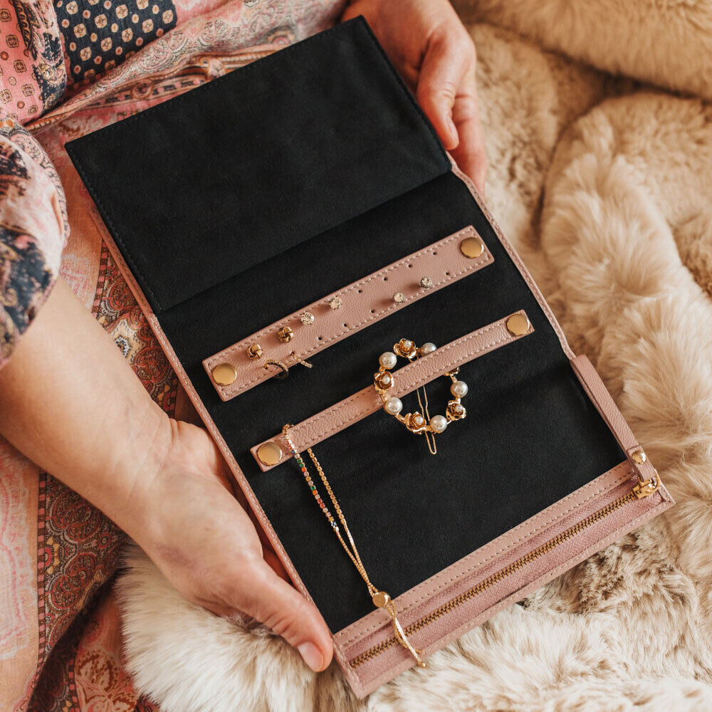 Personalised Blush Leather Jewellery Clutch