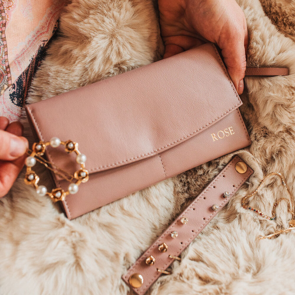 Personalised Blush Leather Jewellery Clutch