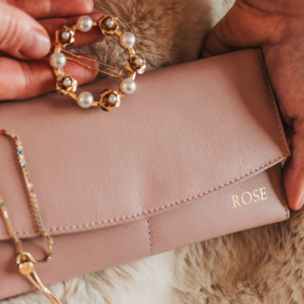 Personalised Blush Leather Jewellery Clutch