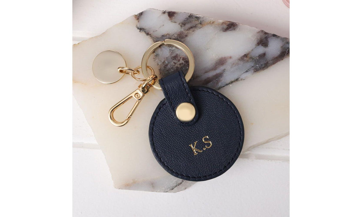 Personalised Navy Leather Circle Keyring w/ pale gold hardware