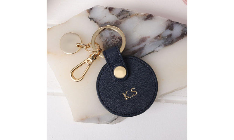 Personalised Navy Leather Circle Keyring w/ pale gold hardware