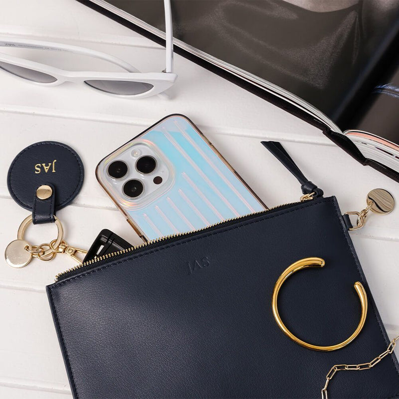 Personalised Navy Leather Circle Keyring w/ pale gold hardware