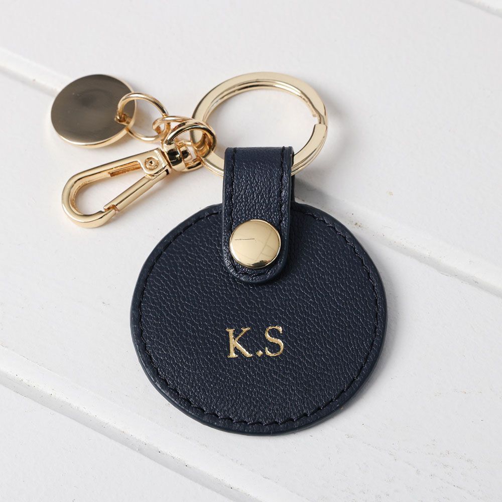 Personalised Navy Leather Circle Keyring w/ pale gold hardware