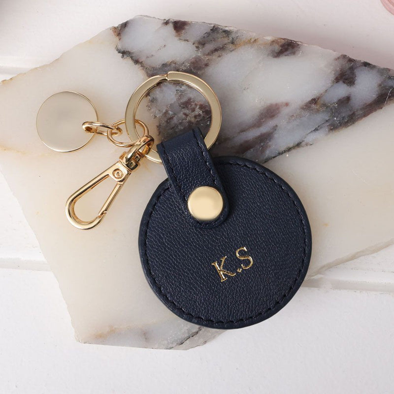 Personalised Navy Leather Circle Keyring w/ pale gold hardware