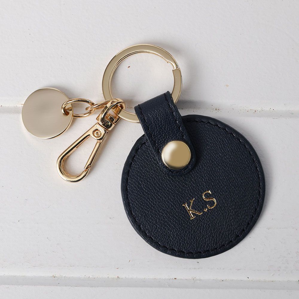 Personalised Navy Leather Circle Keyring w/ pale gold hardware