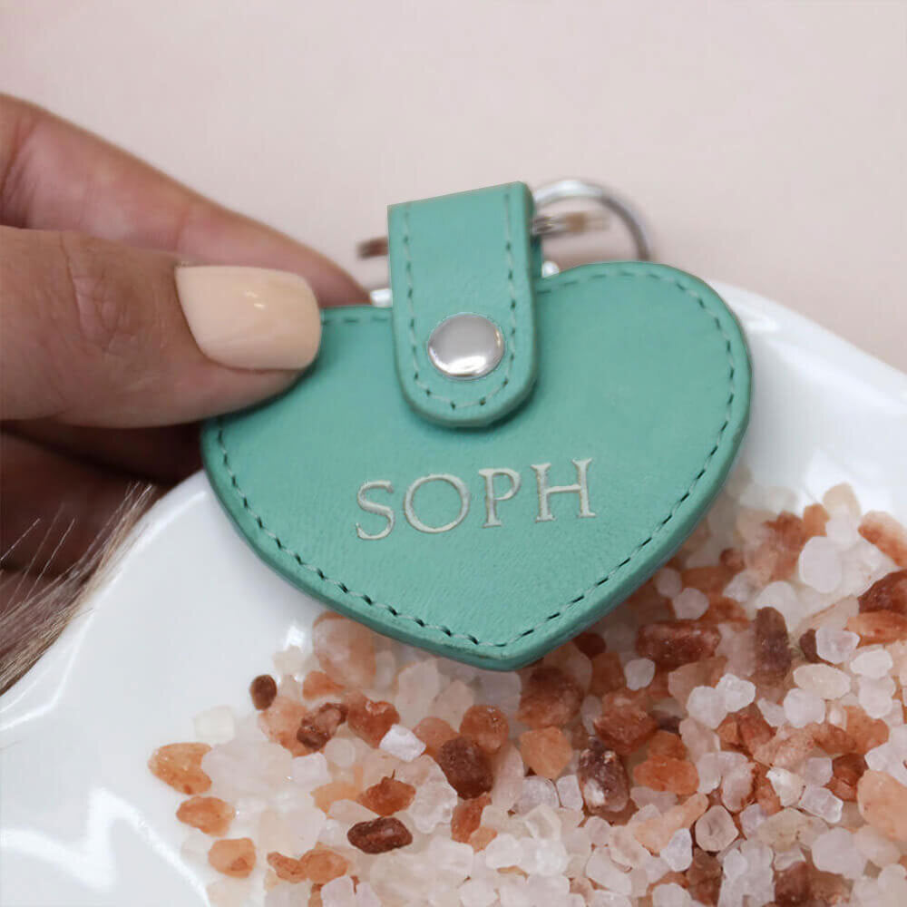 Personalised Tiffany Blue Leather Heart Keyring