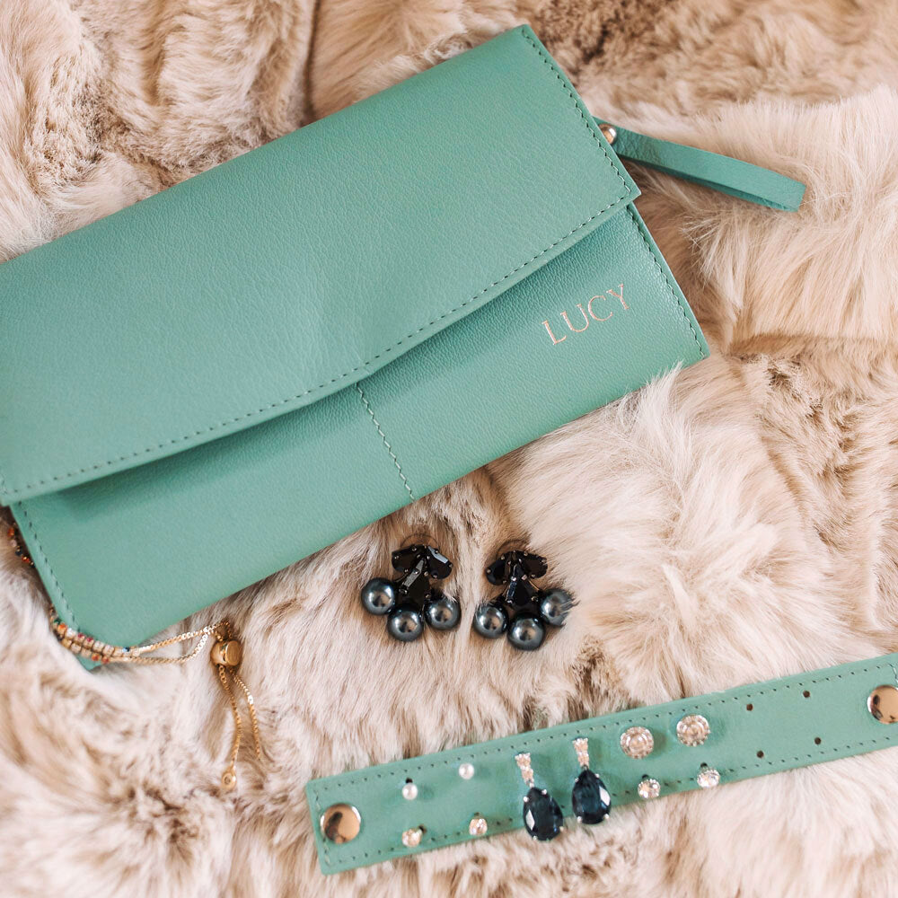 Personalised Tiffany Blue Leather Jewellery Clutch