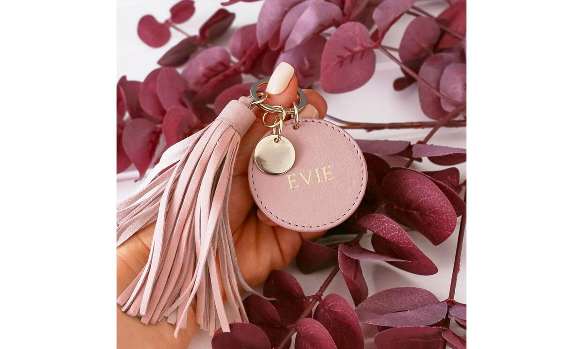 Personalised Womens Blush Leather Tassel Keyring