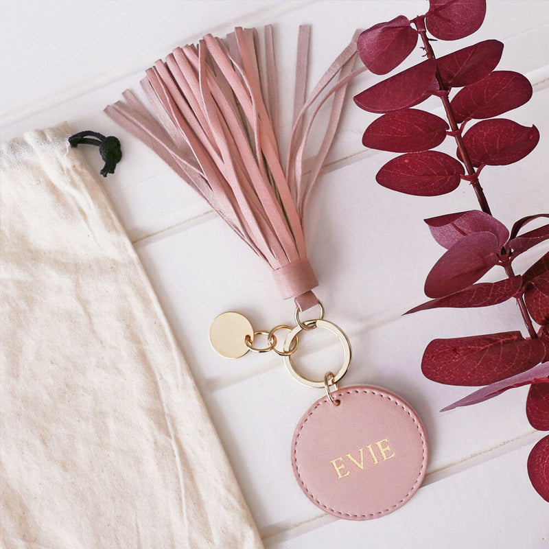 Personalised Womens Blush Leather Tassel Keyring