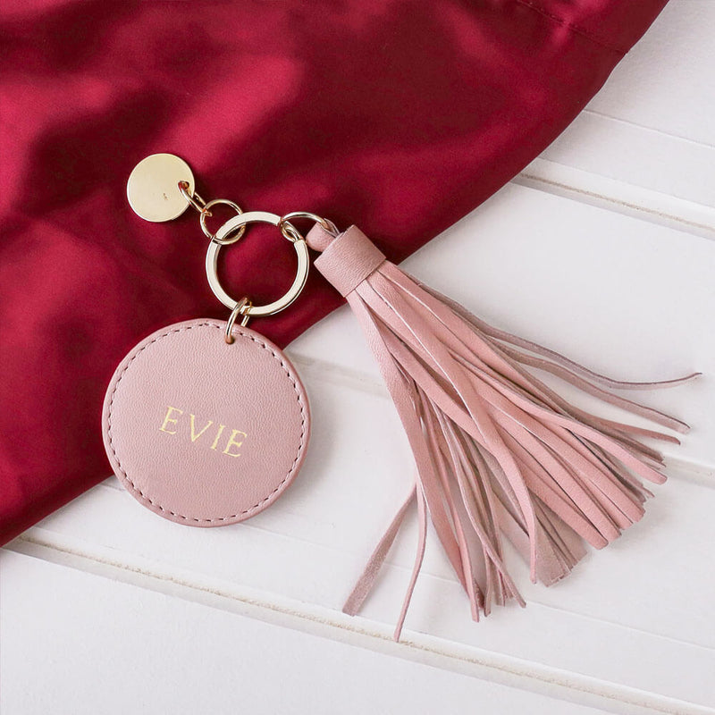 Personalised Womens Blush Leather Tassel Keyring